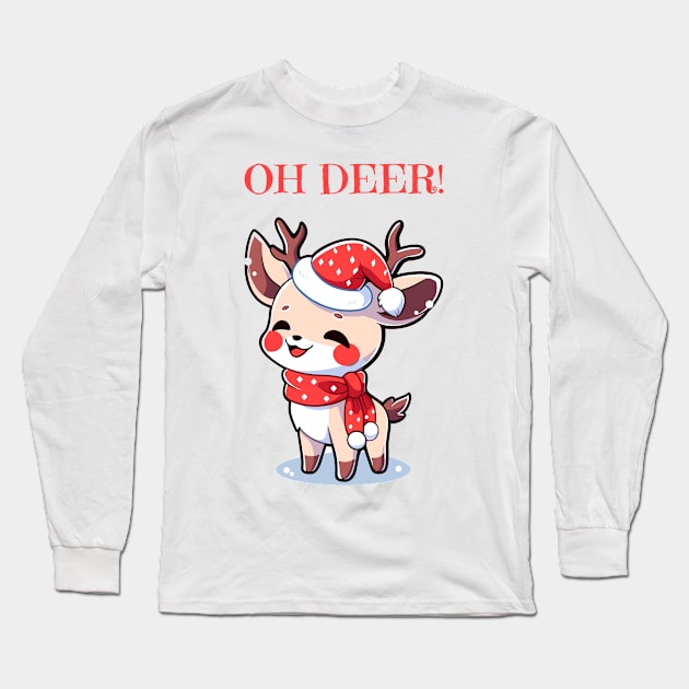 Cute Christmas deer with Santa hat Long Sleeve T-Shirt by DemoArtMode